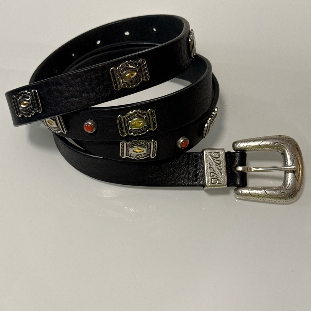 Eleventy Black Leather Belt with Silver and Gold Accents